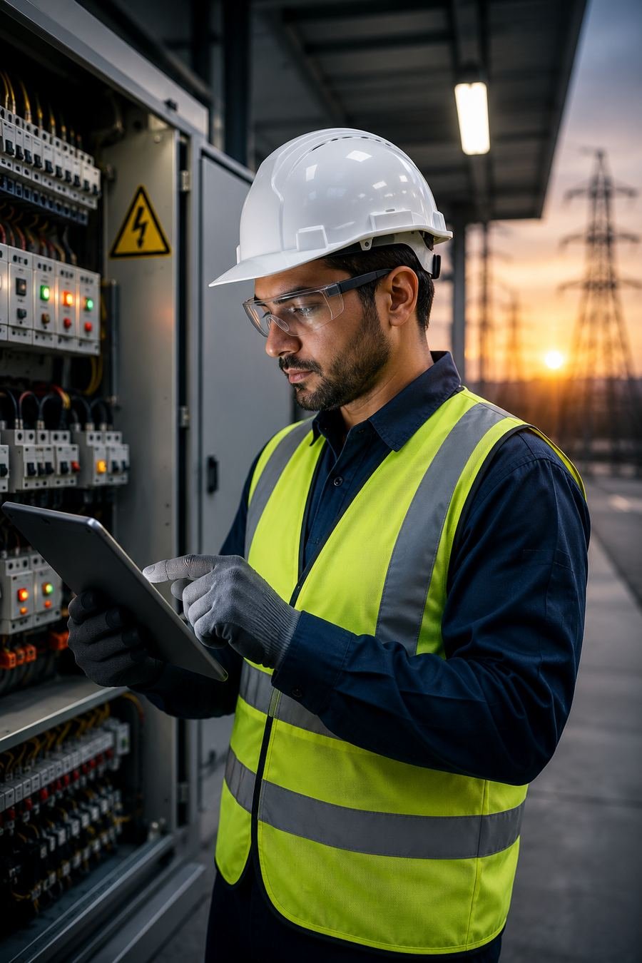 Mithronics engineer inspecting an electrical panel on site